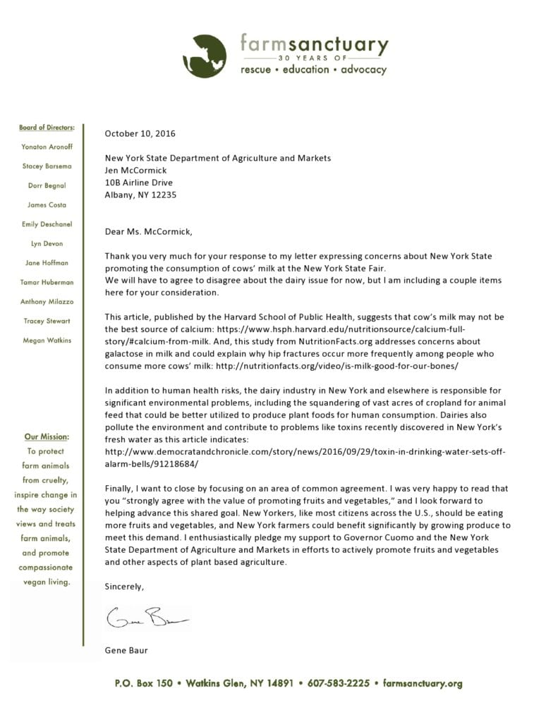 Gene Baur New York State Fair response letter